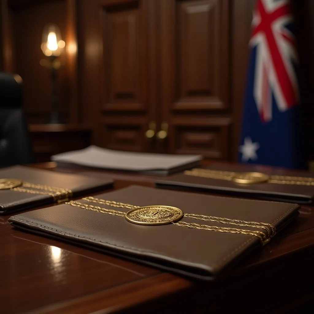 Leather document folios with a gold seal beside an Australian flag