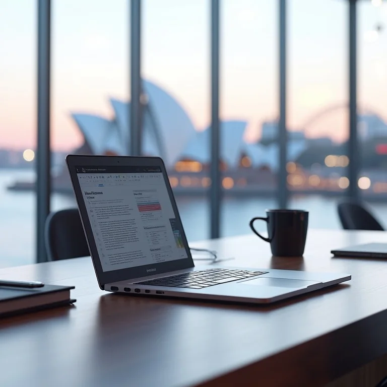 Laptop with an onboarding form on a desk overlooking Sydney Harbour