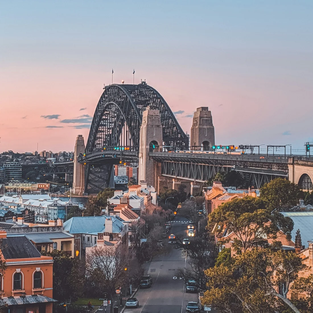 Sydney Harbour Bridge at dusk seen from The Rocks