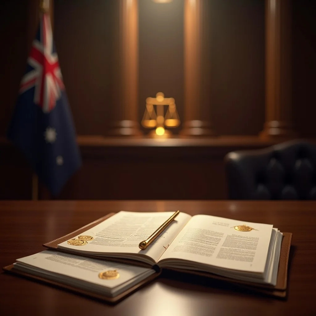 Bound document with a gold seal beside the scales of justice