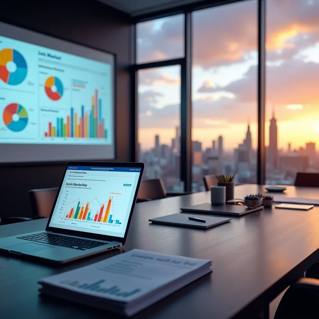 Salary benchmarking charts on a laptop and presentation screen