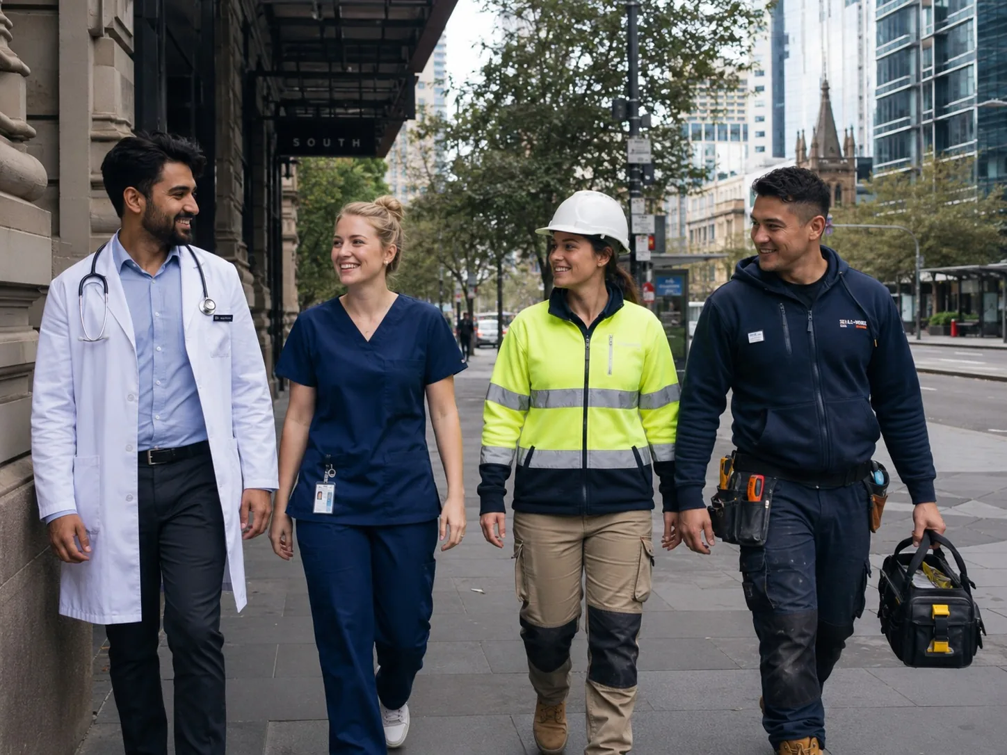 Healthcare, trade and construction workers walking through the city