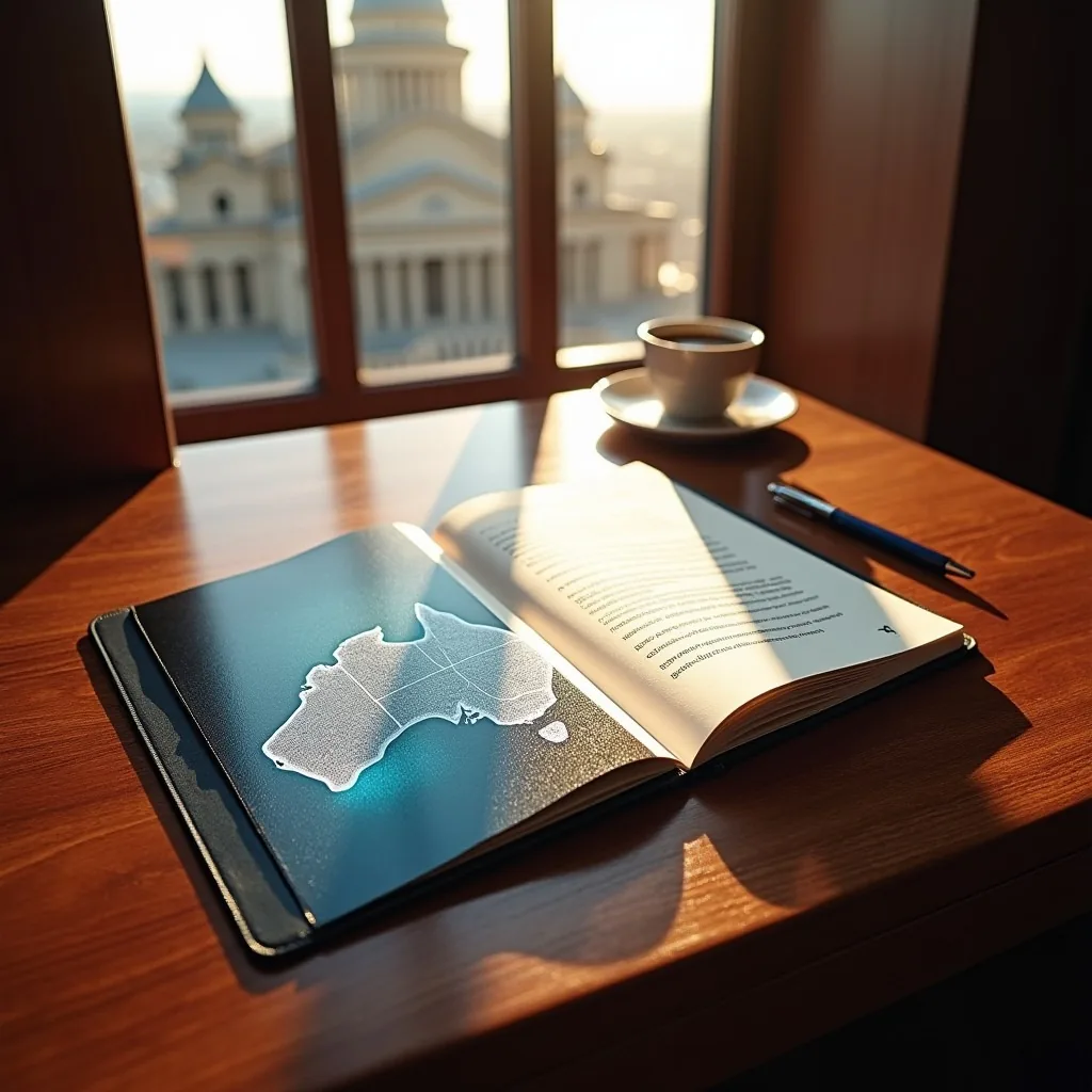 Open book with a map of Australia on a desk beside a window